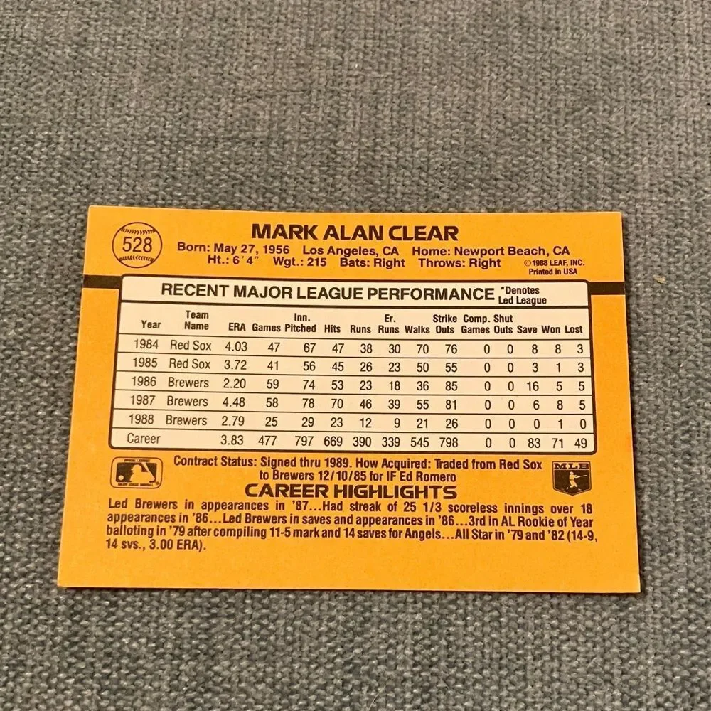 1989 Donruss Milwaukee Brewers Baseball Card Trading Card